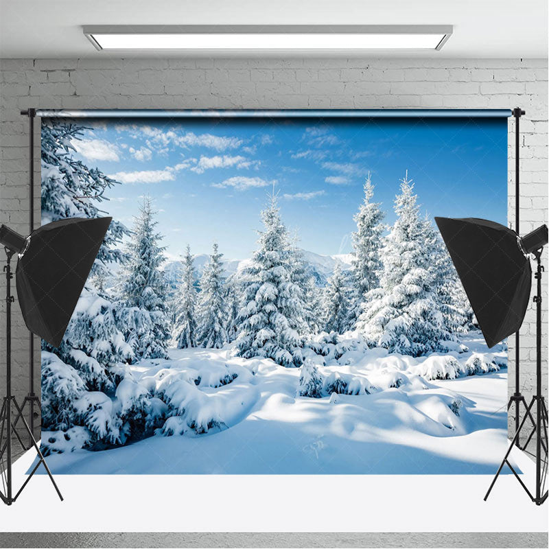 Lofaris Blue Sky Snowy Pine Forest Winter Photo Backdrop