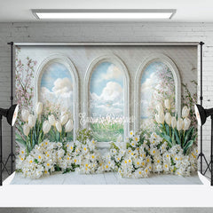 Lofaris Blue Sky Window Scene Floral Spring Photo Backdrop