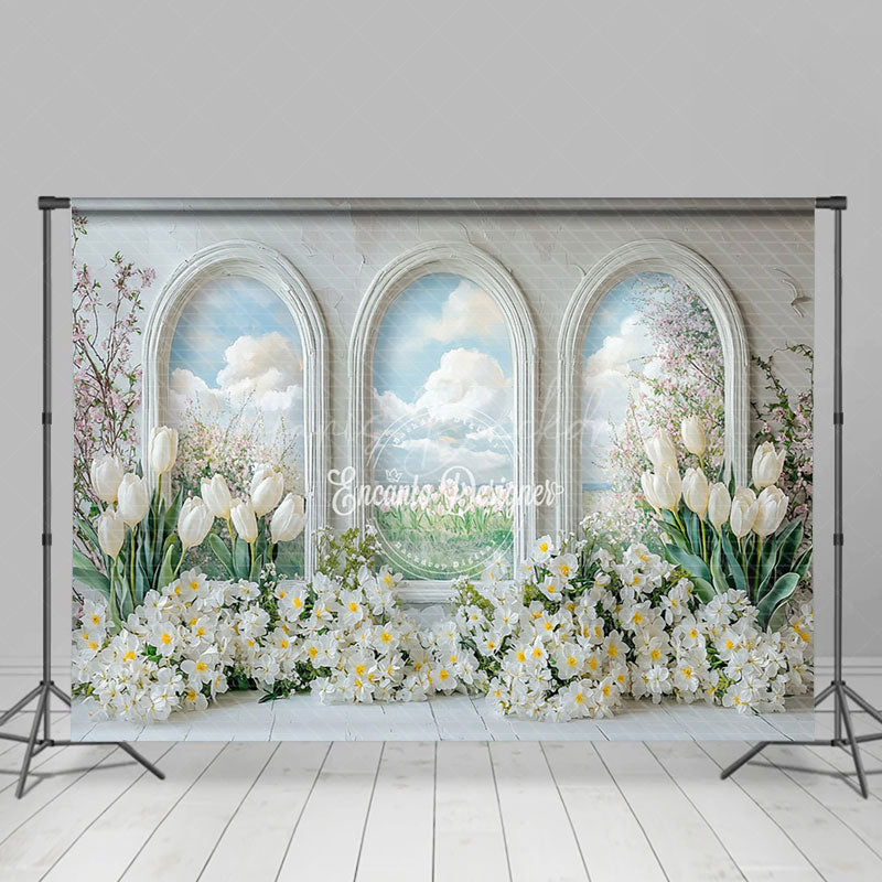 Lofaris Blue Sky Window Scene Floral Spring Photo Backdrop