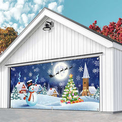 Lofaris Blue Snowy Night Snowman Field Garage Door Banner