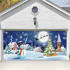 Lofaris Blue Snowy Night Snowman Field Garage Door Banner