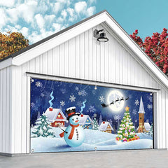 Lofaris Blue Snowy Night Snowman Field Garage Door Banner