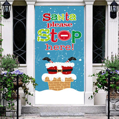 Lofaris Blue Snowy Santa Please Stop Christmas Door Cover