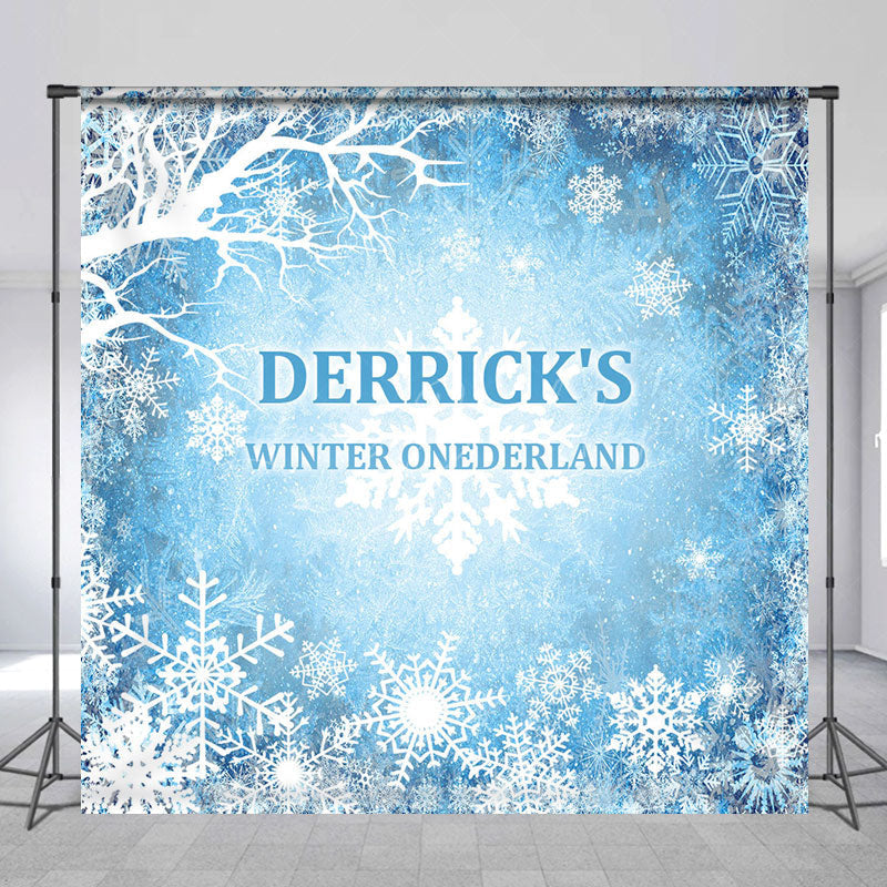 Lofaris Blue Snowy Winter Onederland Custom Name Backdrop