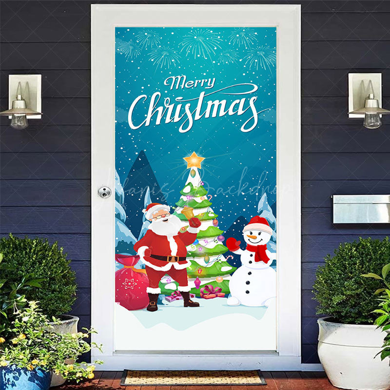 Lofaris Blue Star Night Snowman Merry Christmas Door Cover