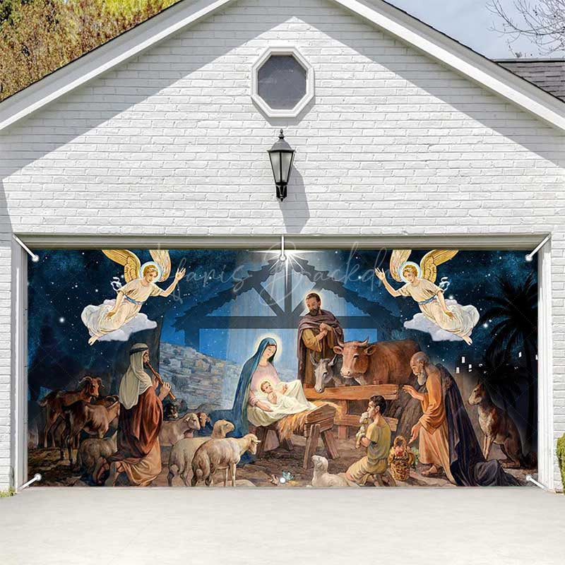 Lofaris Blue Starry Night Shed Nativity Garage Door Banner