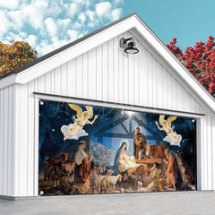 Lofaris Blue Starry Night Shed Nativity Garage Door Banner