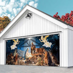 Lofaris Blue Starry Night Shed Nativity Garage Door Banner