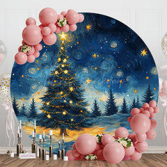 Lofaris Blue Starry Night Sky Trees Round Christmas Backdrop