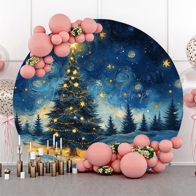 Lofaris Blue Starry Night Sky Trees Round Christmas Backdrop