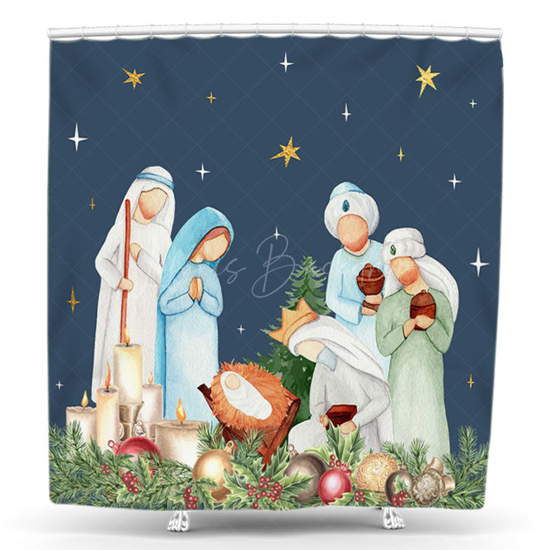 Lofaris Blue Starry Sky Nativity Christmas Shower Curtain