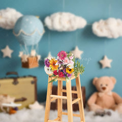 Lofaris Blue Wall Cloud Stars Teddy Bear Cake Smash Backdrop