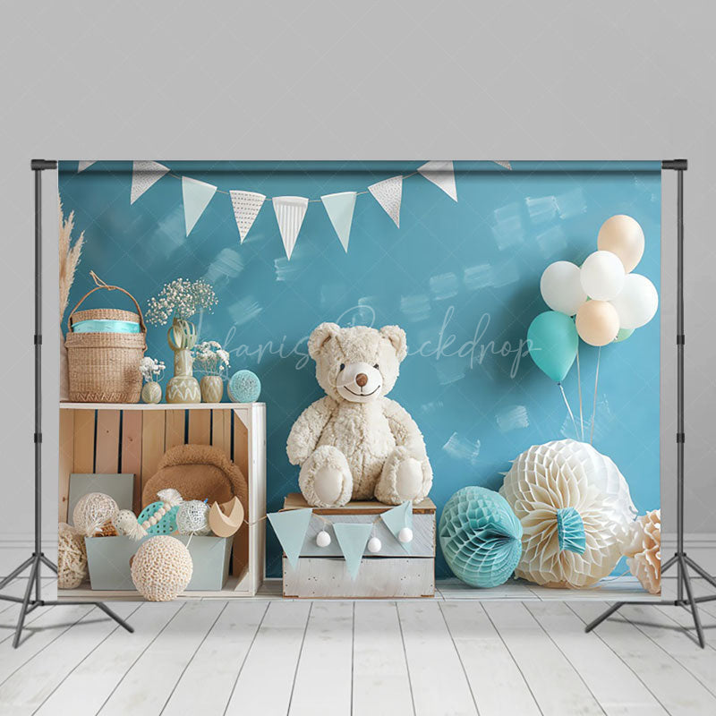 Lofaris Blue Wall Paper Ball Balloon Bear Cake Smash Backdrop