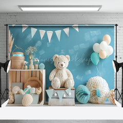 Lofaris Blue Wall Paper Ball Balloon Bear Cake Smash Backdrop