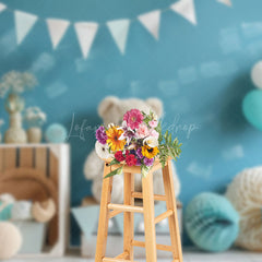 Lofaris Blue Wall Paper Ball Balloon Bear Cake Smash Backdrop