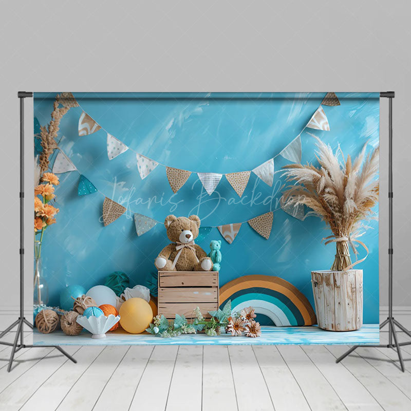 Lofaris Blue Wall Rainbw Boho Hay Bear Cake Smash Backdrop