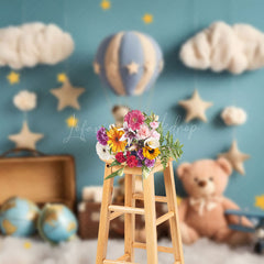 Lofaris Blue Wall Star Cloud Travel Bear Cake Smash Backdrop