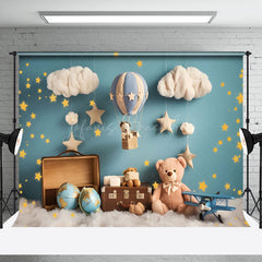 Lofaris Blue Wall Star Cloud Travel Bear Cake Smash Backdrop