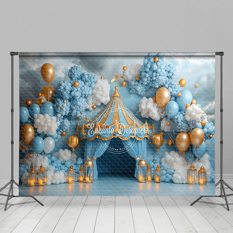 Lofaris Blue White Balloons Circus Tent Cake Smash Backdrop