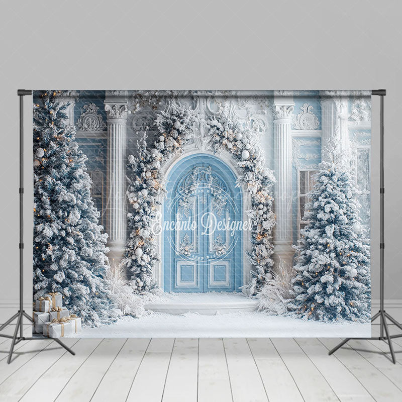 Lofaris Blue White Palace Wall Pine Tree Christmas Backdrop