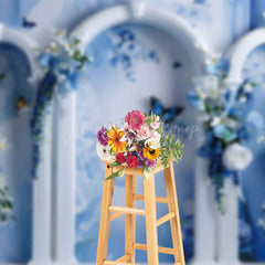 Lofaris Blue White Retro Wall Floral Fine Art Photo Backdrop