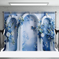 Lofaris Blue White Retro Wall Floral Fine Art Photo Backdrop