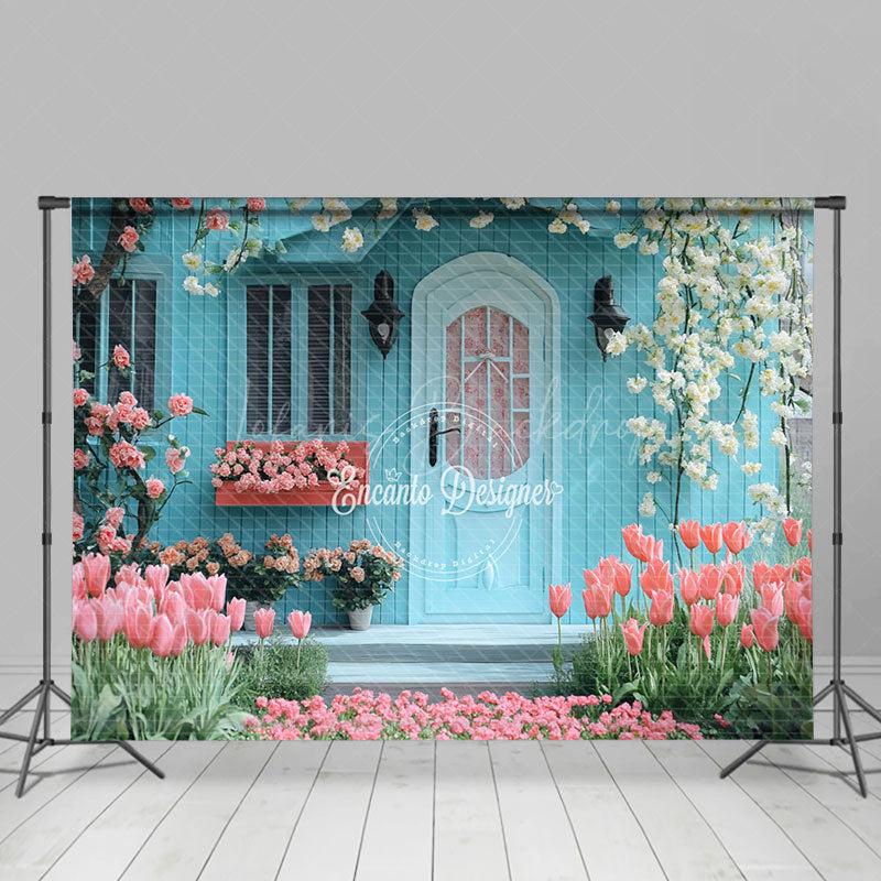 Lofaris Blue Wood Cabin Pink Tulip White Vine Spring Backdrop