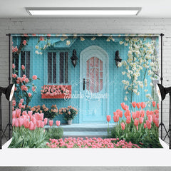 Lofaris Blue Wood Cabin Pink Tulip White Vine Spring Backdrop