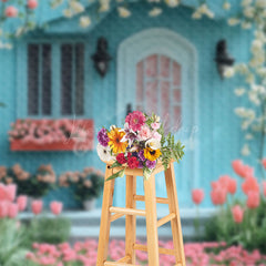 Lofaris Blue Wood Cabin Pink Tulip White Vine Spring Backdrop