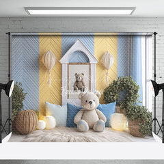 Lofaris Blue Yellow Modern Room Bear Cake Smash Backdrop