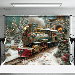 Lofaris Blurry Christmas Green Gold Train Trees Backdrop