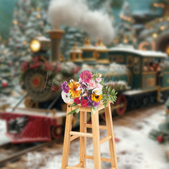 Lofaris Blurry Christmas Green Gold Train Trees Backdrop