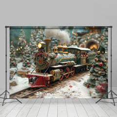 Lofaris Blurry Christmas Green Gold Train Trees Backdrop