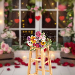 Lofaris Blurry Floral Heart Window Valentines Day Backdrop