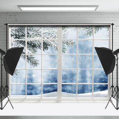 Lofaris Blurry Snowy Pine Branches Window Scene Backdrop