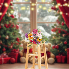 Lofaris Blurry Window Red Curtain Bear Christmas Backdrop