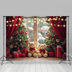 Lofaris Blurry Window Red Curtain Bear Christmas Backdrop