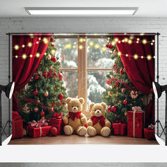 Lofaris Blurry Window Red Curtain Bear Christmas Backdrop