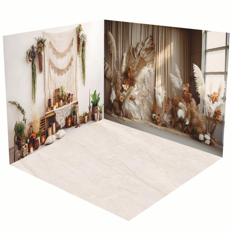 Lofaris Boho Beige White Reed Wedding Room Set Backdrop