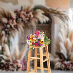 Lofaris Boho Hay Floral Retro Wooden Door Photo Backdrop