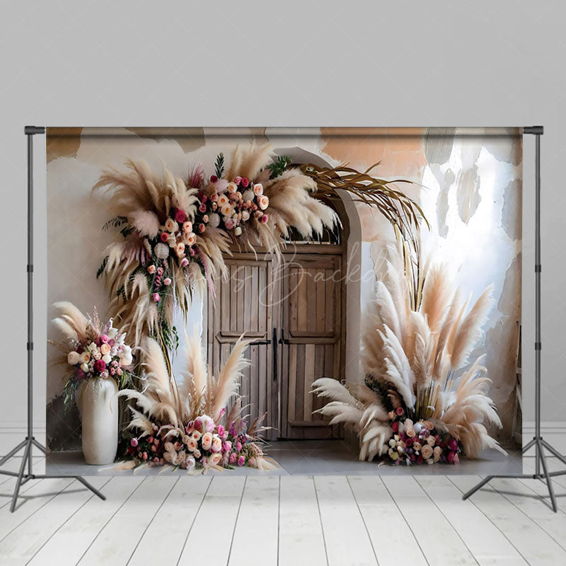 Lofaris Boho Hay Floral Retro Wooden Door Photo Backdrop