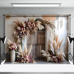 Lofaris Boho Hay Floral Retro Wooden Door Photo Backdrop