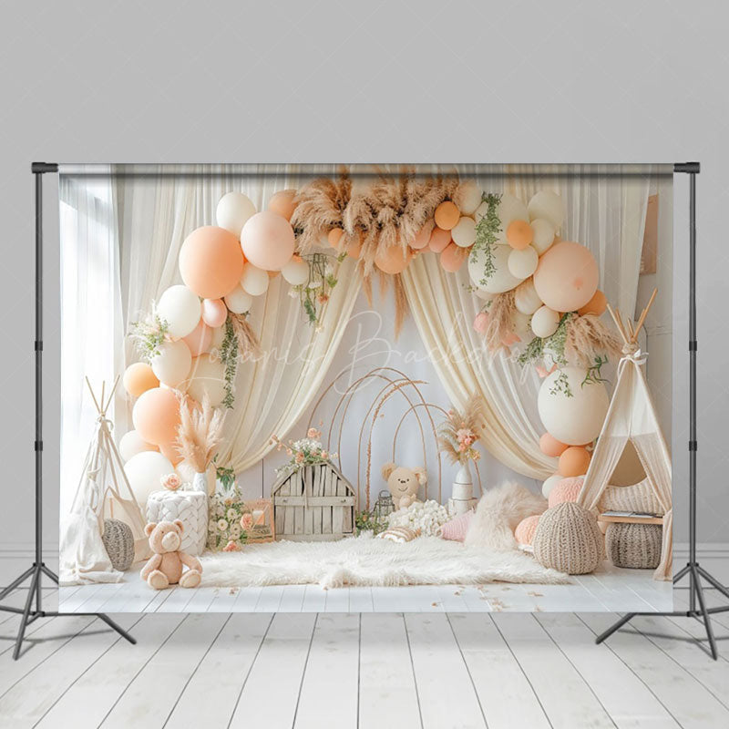 Lofaris Boho Tent Hay Balloons Arch Bear Cake Smash Backdrop