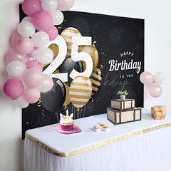 Lofaris Bokeh Balloons Black Happy 25th Birthday Backdrop