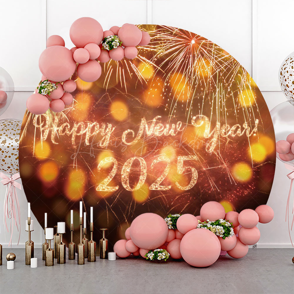 Lofaris Bokeh Dots Golden Happy New Year Party Round Backdrop