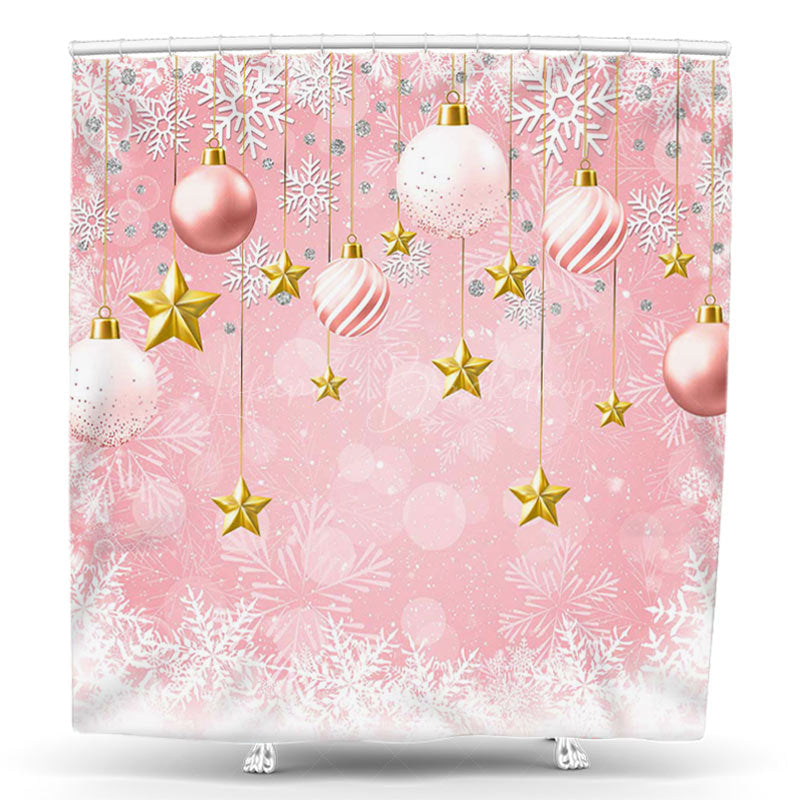 Lofaris Bokeh Pink Snowflake Bells Christmas Shower Curtain