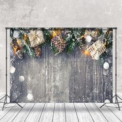 Lofaris Bokeh Snowy Pine Leavs Gifts Wood Christmas Backdrop