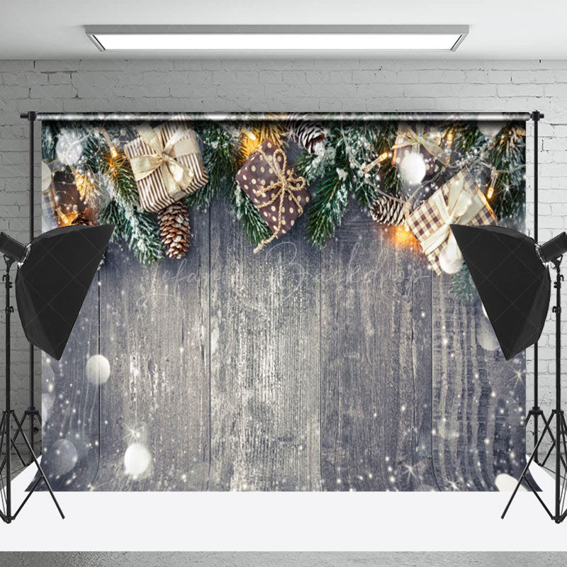 Lofaris Bokeh Snowy Pine Leavs Gifts Wood Christmas Backdrop