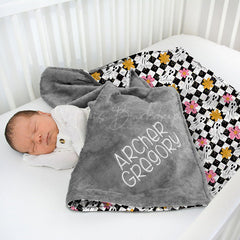 Lofaris Boo Flower White Black Checkered Minky Baby Blanket