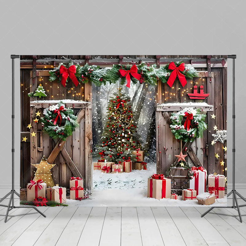 Lofaris Bow Swap Decorated Barn Door Christmas Backdrop